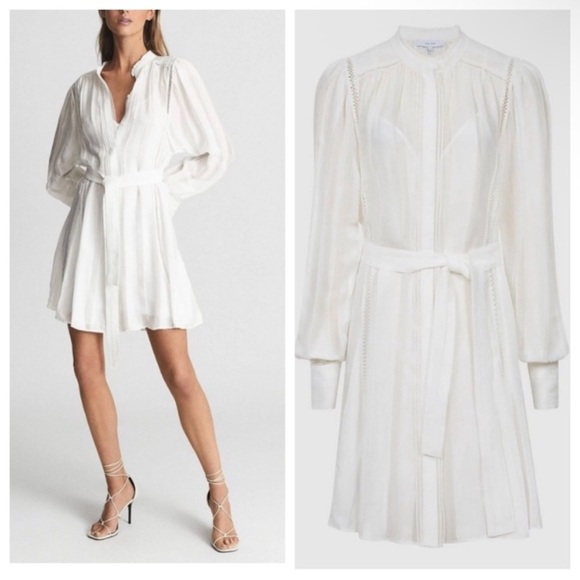 New! Reiss Harriet white ladder trim flippy long sleeve dress 41265